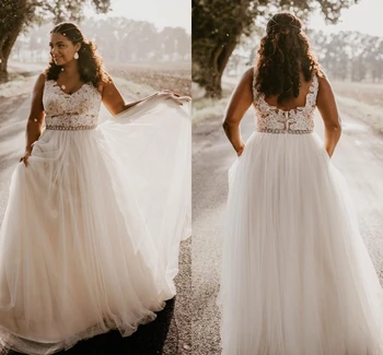 2021 Plus Size A-Line Wedding Dress Backless brudekjolen robe de aftenselskab de mariage Blonde Pynt Bælte vestidos de novia Simpelt