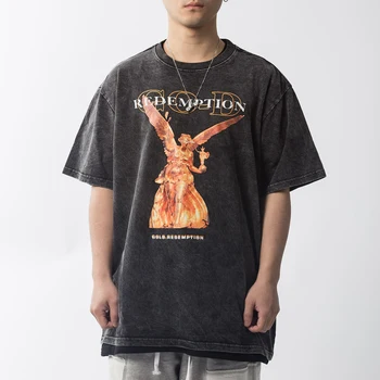 Hip Hop T-Shirt Mænd 2020 Sommeren Oversize T-Shirts Harajuku Engel Statue Print Streetwear Casual Løs Korte Ærmer