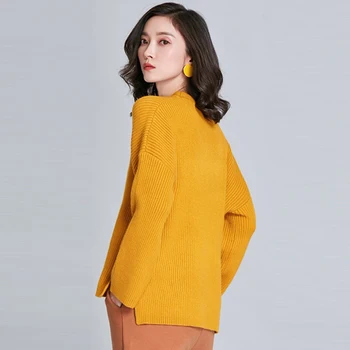 Nye Vinter Guld Orange Solid Klippe Ud Strikkede Trøjer Trøjer Kvinder 2020, Varm, Løs, Uregelmæssig Split Sider Smarte Sweater
