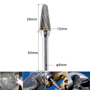 Wolfram stål, hårdmetal rotary burr fil LX1228M06 taper med rund 12 mm hoved 6 mm skaft slibende grinder slibe værktøj