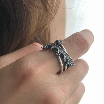 Store Chunky Trendy Crown Thai 925 Sterling Sølv Ring For Kvinder Retro Multi-lag Justerbar Stabelbare Ring Smykker Gave