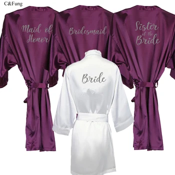 C&Fung nye lilla kjortel sølv skriver mor til den nette gevandter, bryllup Kort Bruden kimono satin brudepige kjole drop shipping