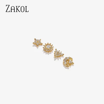 ZAKOL 20 Designs Fashion Cubic Zirconia Stjernede Månen Form Små Stud Øreringe Sæt til Womne Piger Guld Farve Smykker FSEP2626