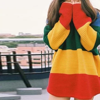 Paris Pige Rainbow Harajuku Retro Sｗeaters Kvinder Street Løs Strikket Tøj Mode Stribet Gradient O-Neck Pullover, Sweater