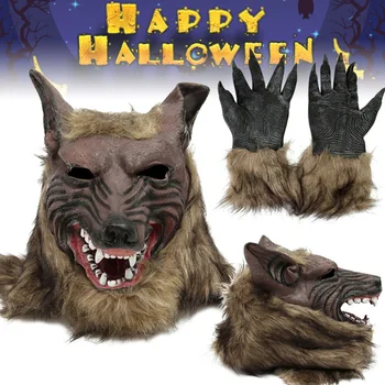 Halloween Latex Gummi Ulv Hoved Hair Mask Varulv Handsker Kostume Part Skræmmende Indretning BM88