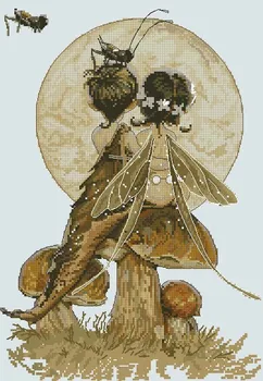GRATIS levering i Top Kvalitet dejlige tælles cross stitch kit Clair de Lune mushroom fe, månen fe Rouge Gorge nimue nium