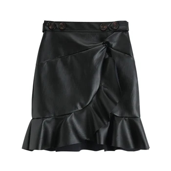 2020 efteråret new Hong Kong smag pu læder korte nederdel elegante pjusket tynd høj talje bag hip nederdel kvindelige