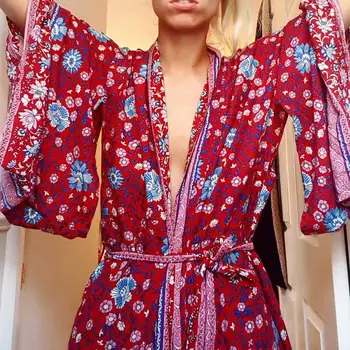 GypsyLady Vin rød Blomstret Print, Lange Kimono Trøje Bohemeian 2020 bælte bundet Cardigan Løs sommer strand kvinder Blouse Top