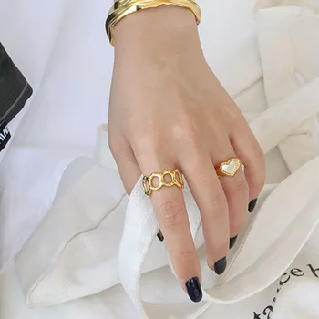 Shell hjertet signet ring for kvinder 925 sølv elegant luksus åbne justerbar ring smykker, guld farve