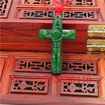 Cross Jesus Skåret Jade Vedhæng Naturlige Kinesiske Grønne Halskæde Charme Jadeite Smykker Mode Heldig Amulet Gaver til Kvinder N03