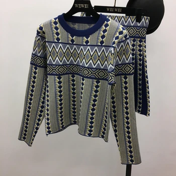 Amolapha Kvinder Vintage Strik Sweater Nederdele Sæt Geometriske Trykt Kvinde Kvinde At Strikke Tøj Der Passer