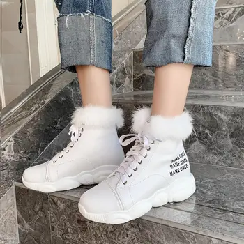 2020 Piger Damer Varm Imiteret Pels Hvid Sneakers Støvler Kvinder ' s Store Størrelse 46 Lace-up Lejligheder Ankel Støvler Kvindelige Vinter Sne Støvler Sko