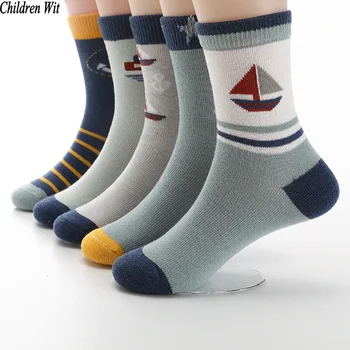Børn Wit Efteråret Og Vinteren New Kids Socks Bomuld Søde Sejlbåd Mønster Drenge Piger Sokker 3-12 År Student 5 Par sokker