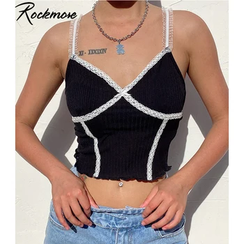 Rockmore Ribbet Blonder Paneler Spaghetti-Stropper Kontrast Farve Camis For Kvinder Bodycon Dyb V-Neck Sexy Afgrøde Top Sommeren Natklub