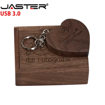 JASTER USB 3.0 (gratis brugerdefinerede logo) valnød træ hjerte + gaveæske USB-flash-drev, USB-kreative pendrive, 8GB, 16GB, 32GB, 64GB