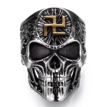 Punk Vintage Tro Buddhistiske Hagekors Tegnet Kraniet Skelet Ringe Til Mænd Jubilæum Guld Mandlige Buddhismen Ghost Hoved Ring