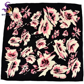 [BYSIFA] Kvinder Sort Silke Tørklæde Cape Nye Kinesiske Stil Blomster Design Muslimske Twill Hoved Tørklæder, Sjaler For Fall Winter Pink Blå