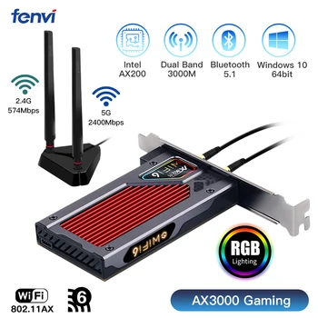 Fenvi 3000Mbps WiFi 6 PCI-E Bluetooth 5.1 Dual Band Wireless Gaming PCIe-Kort RGB Adapter 2,4 G/5G 802.11 AX WI-Fi Intel AX200 Wlan