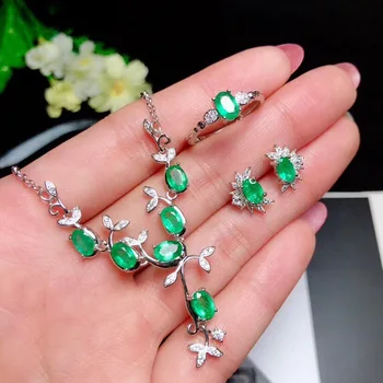 Udsøgte smykker grønne smaragd-ædelsten ring øreringe halskæde smykker sæt kvinder 925 sterling sølv natural perle julegave