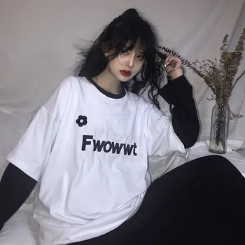 Harajuku T-Shirt Kvinder 2020 Mode langærmet Toppe koreansk Stil Ulzzang Harajuku Broderi, Patchwork-t-shirts Womens Tees