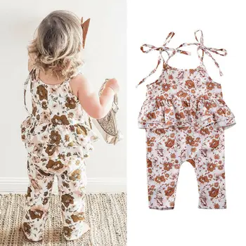 Spædbarn Baby Pige Tøj Flæsekanter Romper Buksedragt Blomster Ferie Tøj 0-24M