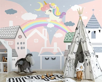 Beibehang Tilpasset Nordiske hånd-malet tegnefilm lille hus unicorn børns værelse interiør baggrund papier peint tapet