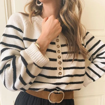 Stribet Bomuld Strikket Pullover Kvinder Efterår og Vinter med Lange Ærmer V-hals Vintage Chic Sweater 2020 Smart Oversize Bluse Træk
