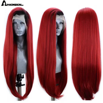 Anogol Mørke Rødder Ombre Rød Syntetisk Lace Front Wig med Baby Hair Lange Lige varmeandig Parykker til Kvinder Sort