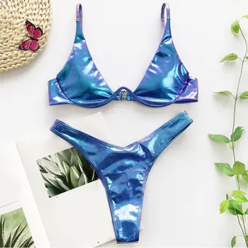 Kvinder Sommeren Sexet Brazilian Bikini Sæt Holografiske Shiny Metallic Badedragt Push Up Polstret Bøjle-Stranden, Badning Suit 2020