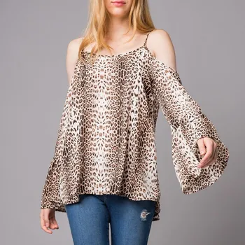 Mode Leopard Flare Ærmet Bluse Shirt Off Skulder O-Neck Tops Casual Efteråret Damer Kvindelige Kvinder Med Lange Ærmer Blusas Pullover