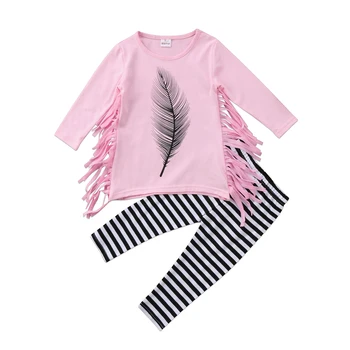 2020 Falde Baby Piger Tøj Sæt Kids Børn Pige Fjer Print Kvast Pink Top + Stribede Bukser Outfit Sæt 2stk Udstyr 2-7T