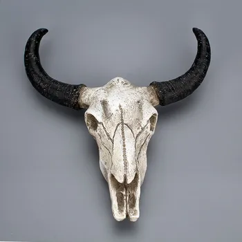 Harpiks Longhorn Ko Skull Hoved Væggen Hængende dekoration 3D Dyrelivet Skulptur Figurer Håndværk Horn til Hjemmet Indretning