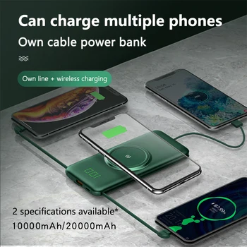 Wireless Power Bank 20000mAh For xiaomi Telefon Oplader Indbygget i 4 Kabler Ekstern Batteri Bærbar Powerbank Til iPhone, Samsung