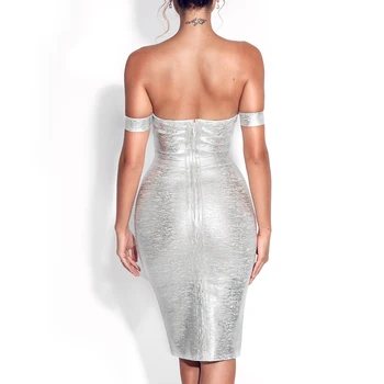 Ocstrade Nye Mode Mesh-Insert Metallisk Bandage Dress 2020 Kvinder Sølv Off Skulder Bodycon Bandage Dress Evening Party Dress