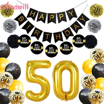 Amawil 50 års Fødselsdag Part Dekorationer Voksen Latex Balloner, Konfetti Papir Blomster Black Klistermærker 50 År Gamle festartikler