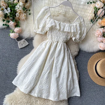 2020 sommeren Nye kvinder ' s square krave blomst lace-up flæser bomuld med linned fe Kjole kvindelige elegante talje A-line kjoler