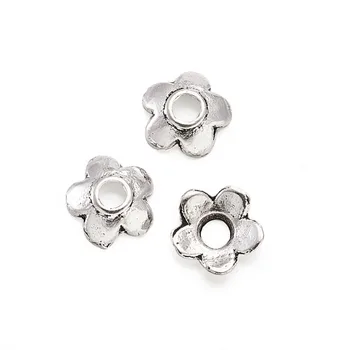 2000pcs/masse Tibetansk Antik Sølv Blomster Perle Caps Bly Fri og Cadmium Fri omkring 6,5 mm, 6.5 mm bred, 2mm tyk, hul: 2mm