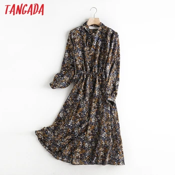 Tangada 2020 Efterår mode kvinder, blomster print chiffon kjole med lange ærmer damer elegante midi-kjole med bow WF2