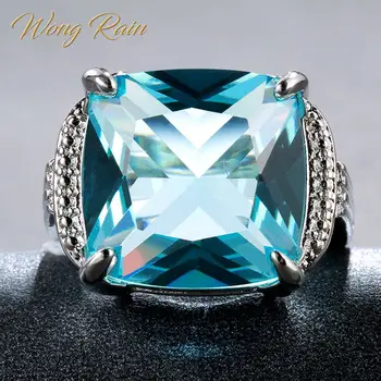 Wong Regn Vintage 925 Sterling Sølv, Akvamarin Ædelsten Bryllup Engagement Hvide Diamanter Guldring Fine Smykker Engros