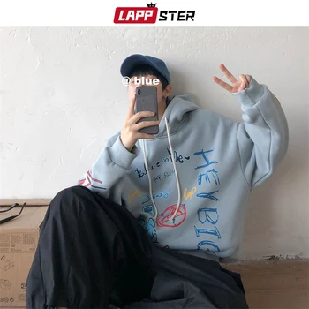 LAPPSTER Mænd Graffiti Harajuku Sweatshirts 2020 Herre koreanske Streetwear Mode Hooded Hoodie Par Vinter Hip Hop Tøj