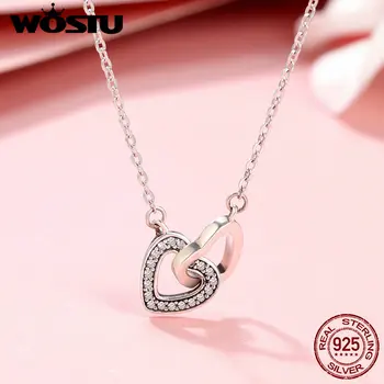 WOSTU 925 Sterling Sølv Forbundet Hjertet Par Hjerte Vedhæng Halskæde til Kæreste Sølv Smykker Valentins Dag Gave DXN181