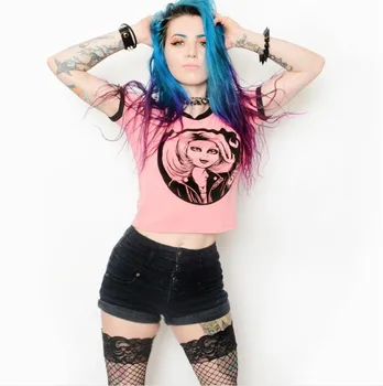 2020 Sommeren Kvinder Gul Pink Farve Sexet Afgrøde Top T-shirt Rock Punk Horror Dukke Gothic Bride Of Chucky Demon Død Skræmmende T-shirt