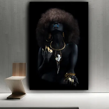 Moderne, Bløde Hår Afrikanske Sort Kvinder Gyldne Finger Olie Maleri på Lærred Kunst Væg Plakater og Prints til Stue Indretning