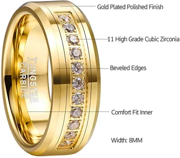 NUNCAD Mænds 8MM Tungsten Bryllup Band Ring med Runde Cubic Zirconia Forgyldt CZ Engagement Ring Størrelse 7-12