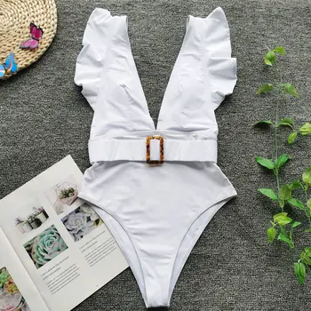 Sexet Flæse Ét Stykke Badedragt Push Up Badetøj Kvinder 2020 Backless Bathing Suits Hvid Badedragt Polstret Dyb V Monokini