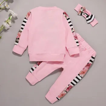 40# Kids Baby Piger Tøj langærmet Brev Print Top T-shirts + Blomster Print Stribe Syning af Bukser+Tre-stykke Hovedbøjle