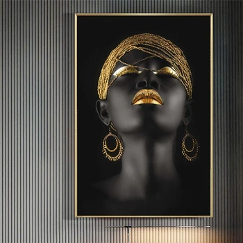 Afrikanske Sort Kvinde med Gyldne Detaljer Lærred Kunst Plakater Og Prints i Sort Piger Lærred Malerier På Væggen Art Billeder