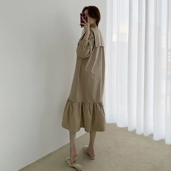 GALCAUR Vintage Kjole Til Kvinder Revers Lange Ærmer Løs Patchwork Flæser Forneden Designer Overdimensionerede Midten af Kjoler Kvindelige 2021 Tøj