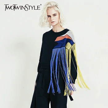 TWOTWINSTYLE Patch Designs Kvast Kvinder Sweatshirts Lange Ærmer Hit Farve Asymmetrisk Efteråret Sweatshirt Kvindelige 2020 Tøj
