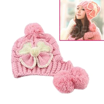 Cap Korea Kvinder Varm Vinter 6 farver Baggy Kint Hæklet Hat øre varmere med bue-knude Opbevaring af Hætte
